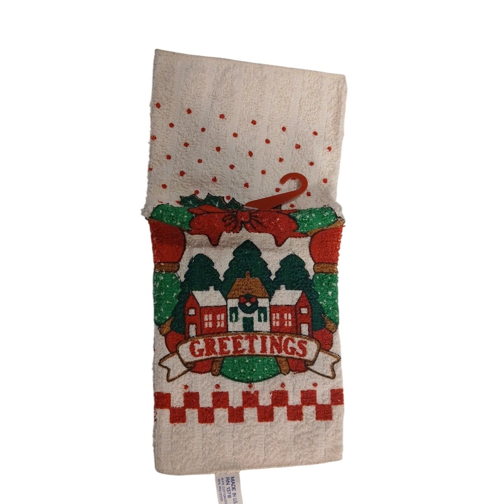 Lot of TWO Vintage Christmas Hand Towel, Winter Village Polka Dot Made In USA